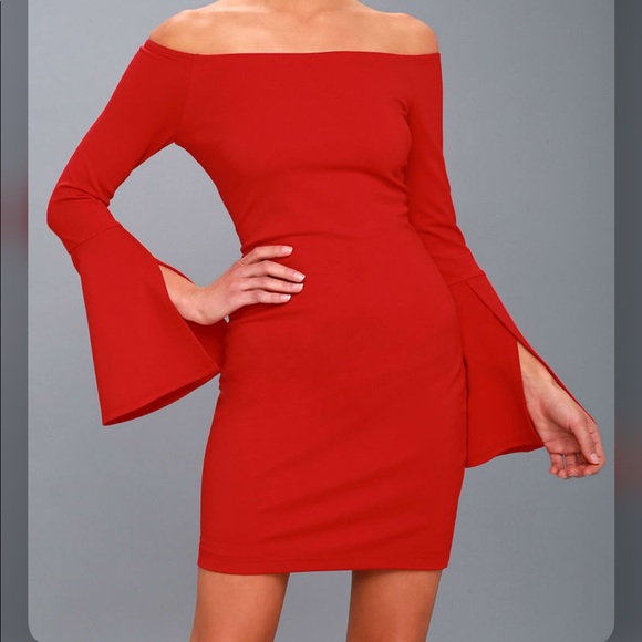 Marseille Red OffShoulder Longsleeve Bodycon Dress - Picture 1 of 12